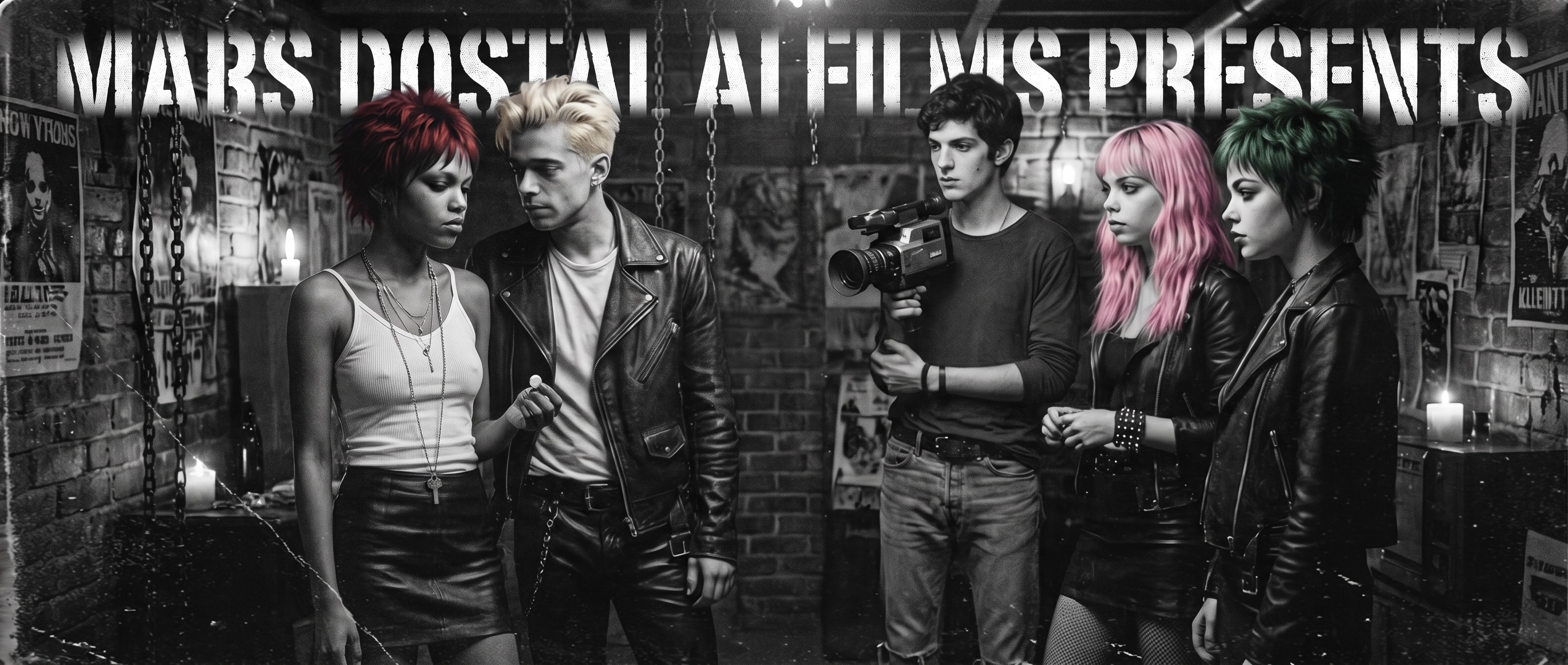 MARS DOSTAL AI FILMS PRESENTS - Black and white grainy photograph of five actors in underground 1986 goth punk leather jackets, with Marce holding a small Super 8 camera